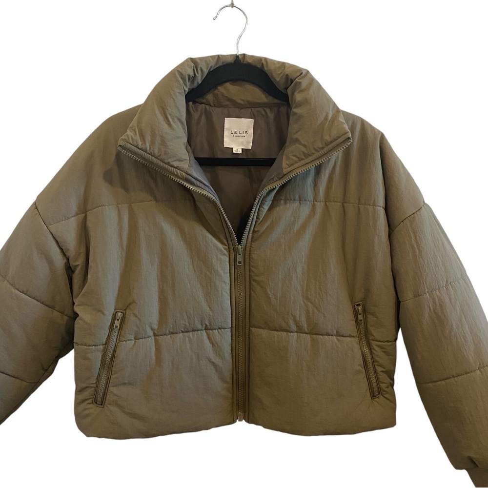 Le Lis Olive Green Cropped Puffer Jacket View 4